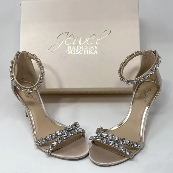 JEWEL BADGLEY MISCHKA Caroline Rhinestone Champagne Ankle Beaded Heels Size 7.5 - Picture 2 of 16